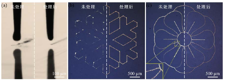圖1-1 (a)等離子體處理前后PI表面電流體噴印時(shí)噴嘴狀態(tài);(b)處理前后PI表面打印圖案對(duì) 比;(c)處理前后陶瓷表面打印圖案對(duì)比。 